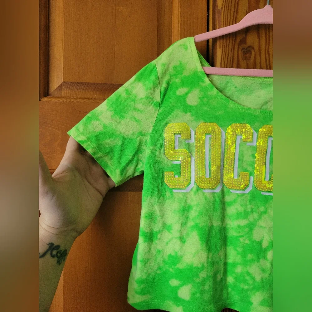 Justice Neon Lime Green Soccer Kids Crop T-Shirt Top Sequin